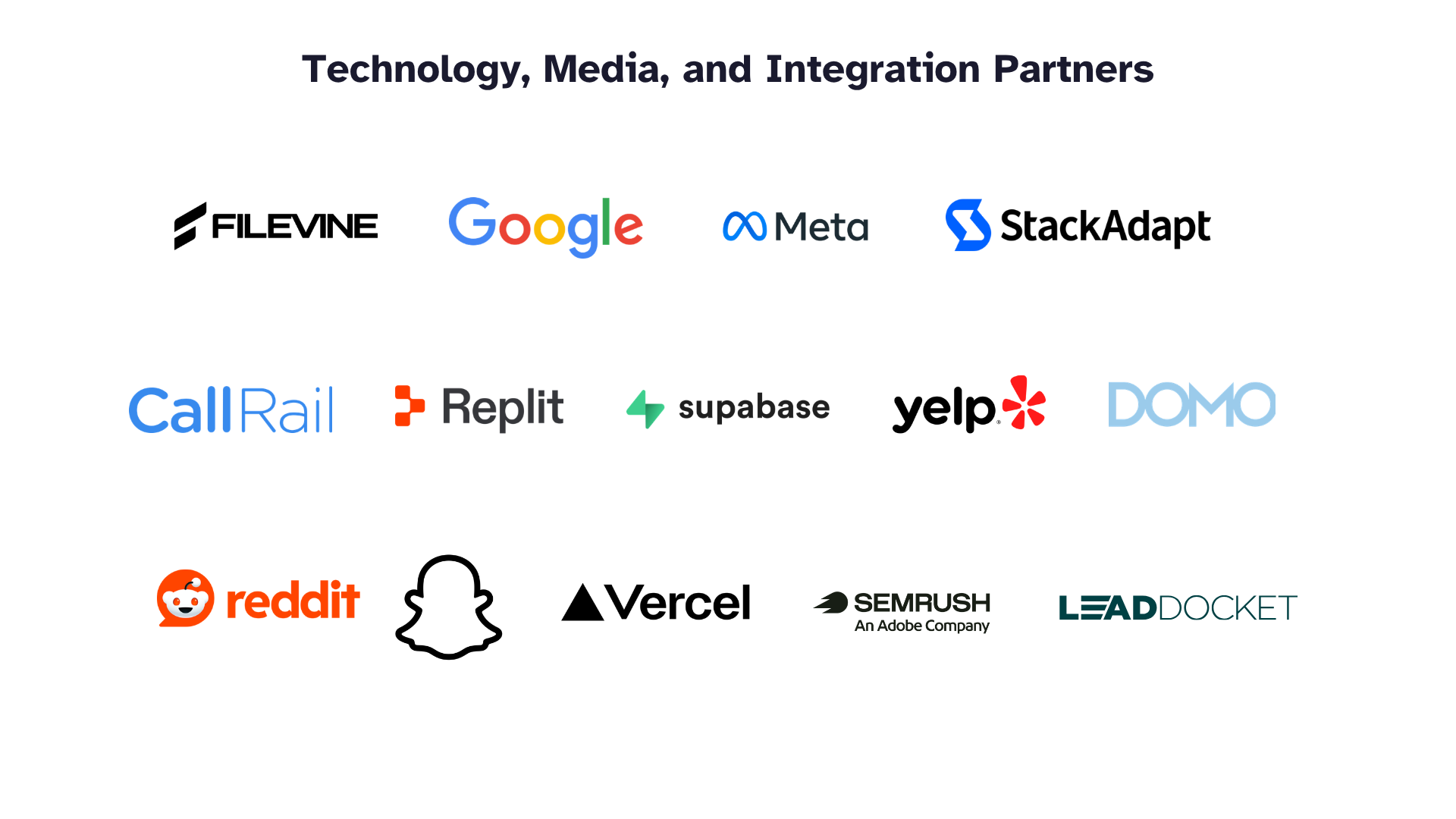 Technology, media, and integration partners Personal Injury Media works with, including Filevine, Google, Meta, StackAdapt, CallRail, Replit, Supabase, Yelp, DOMO, Reddit, Snapchat, Vercel, Semrush, and LeadDocket